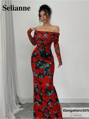 Elegant Rose Print Off Shoulder Long Sleeve Bodycon Dress (size 12)